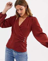 River Island Long Sleeve Wrap Blouse In Burgundy Asos