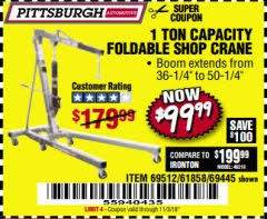 High to provide a sturdy overhead lift point to lift car engines, heavy machinery or equipment. Harbor Freight Tools Coupon Database Free Coupons 25 Percent Off Coupons Toolbox Coupons 1 Ton Capacity Foldable Shop Crane