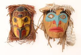 At Auction: 3pc Northwest Coast Painted Cedar Maskettes, Beau Dick