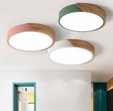 Dimmable Modern Minimalist Led Round Shaped Wood Metal Acrylic Flush Mount Ceiling Light Led Lights
