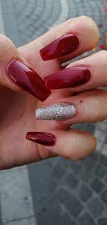 Burgundy Red Nails Silver Glitter Burgundy Acrylic Nails Red And Silver Nails Silver Nails