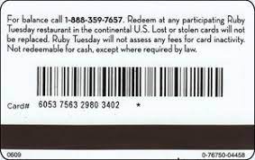 Check spelling or type a new query. Gift Card Ruby Tuesday Ruby Tuesday United States Of America Ruby Tuesday Col Us Rt 011a