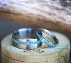 The Vertigo Matching Set Of Turquoise Titanium Wedding Bands Available In Titanium Silver Black Zirconium Damascus Steel 14k White Rose Or Yellow G With Images Titanium Wedding Band