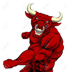 Tough Mean Muscular Red Bull Character Or Sports Mascot In A Mascot Bull Character