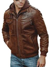 Removable Hood Men S Leather Motorcycle Jacket With Brown Pigskin Brown Leather Motorcycle Jacket Leather Jacket Genuine Leather Jackets