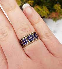 vintage 14ct yellow gold royal blue enamel flower wide band yuzuk gumus bros