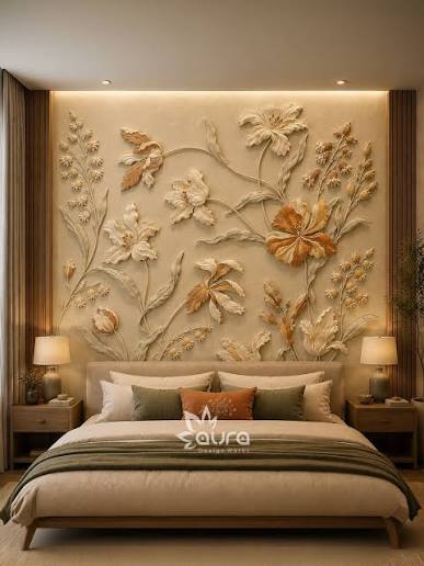 Three nature-inspired carved wall concepts that transform your bedroom into a tranquil retreat. Each design brings botanical beauty—blooming flowers, graceful birds, delicate leaf patterns—carved in stone or engineered wood to create dimension,