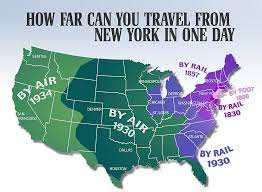 The average train journey between these two cities takes 1 hour 27 minutes, although the absolute fastest you could get there is 1 hour 16 minutes. Captivating New Map Reveals Just How Far You Could Get From New York City In One Day Through The Ages Daily Mail Online
