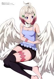 feirune, kumo desu ga nani ka?, megami magazine, absurdres, highres,  official art, 1girl, ahoge, arm strap, bare shoulders, barefoot, bird girl,  breasts, cleavage, copyright name, dragon girl, monster girl, multicolored  hair, purple