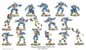 This game is a brutal mock parody of american football, where various teams made up of different races such as humans, orks, goblins, and dwarves collide. Human Blood Bowl Team Miniset Net Miniatures Collectors Guide
