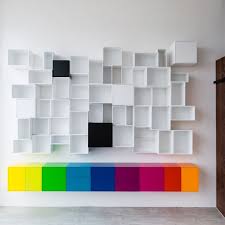 Wild Mix Colourful Low Sideboard And White Wall Mounted Shelving Shelving Shelves Wall Mounted Shelves