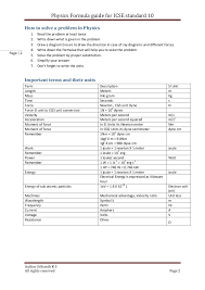 Physics Formula Icse_standard 10