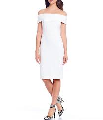 Calvin Klein Off The Shoulder Sheath Dress Dillard S In 2020 Dresses White Fitted Dress Sheath Dress
