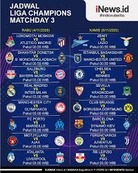 Jadwal liga champions dua laga pembuka tersebut akan tersaji mulai rabu (17/2/2021) dini hari pukul 03.00 wib. Jadwal Liga Champions Matchday 3 4 5 November 2020