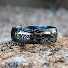Damascus Ring 14k Rose Gold Inlay Damascus Steel Wedding Band Etsy In 2020 Damascus Steel Wedding Band Steel Wedding Bands Damascus Steel Ring