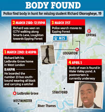 Richard okorogheye was reported missing two days after leaving his family home and was last seen on cctv footage in the loughton, essex area walking towards epping forest on march 23. 7bcdk Bmlcg7m