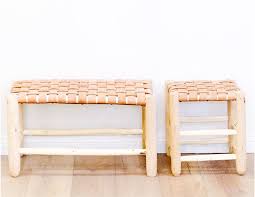 The woven leather pattern makes this bench unique. Moroccan Stools Wood And Woven Palm Leaves Or Leather