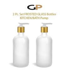 2 Pc Set Elegant Frosted Glass Lotion Pump Bottles Matte Gold Metallic Caps Kitchen Vanity Counter Boutique Vintage Bo Glass Bottles Bottle Frosted Glass