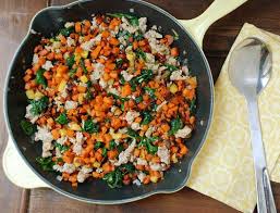 Skillet Hash With Sweet Potatoes Chicken Sausage Spianch Apples Sounds Good Sweet Potato Spinach Sweet Potato Skillet Sweet Potato Skillet Hash