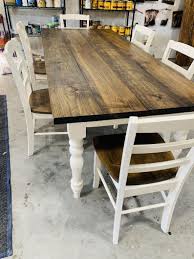 7ft Rustic Farmhouse Table With Chairs And Turned Legs Dark Walnut Top And Antique White Base Wooden Dining Table Rustic Farmhouse Table Walnut Kitchen Table Farmhouse Table