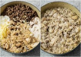 Ground beef (2 pounds) • onion diced (1) • cream of mushroom soup (2) • chicken broth (3 1/2) • rice (2) • olive oil • celery diced (celery seeds as alternative (3) scain ground beef • button mushrooms, chopped • onions, chopped • garlic cloves, minced • flour • lipton's onion mushroom soup packet • campbell's beef. Cheesy Ground Beef And Rice Casserole The Cozy Cook