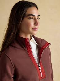 Bronte Brown Funnel Neck Quarter Zip Cotton Sweatshirt