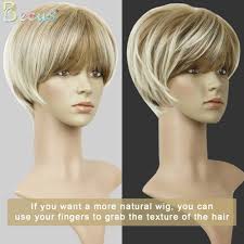 BECUS Highlight Ombre Roots Brown Mixed Blonde Short Pixie Cut Wig with  Bangs Heat Resistant Synthetic Realistic Layered Fluffy Straight Wigs for  ...