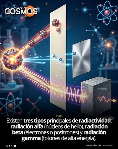 Existen tres tipos principales de radiación emitida durante los procesos  radiactivos: alfa, beta y gamma. La radiación alfa está formada por núcleos  de helio compuestos por dos protones y dos neutrones. Debido