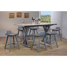 Kris 7 Piece Counter Height Dining Set Distressed Gray Washed Blue Wood Farmhouse 72 Rectangular Table 6 Swivel Bar Stools Walmart Com Solid Wood Dining Set Counter Height Dining Sets