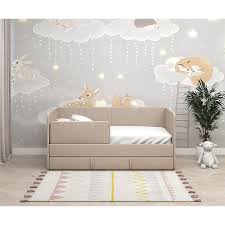 Детский диван-кровать 160х80 см SIMBA, цвет матовый бежевый, с ящиком,  бортиком, кровать детская от 2х лет, ткань анти-кошка - Кровати серии  "Simba" - bed-mobile