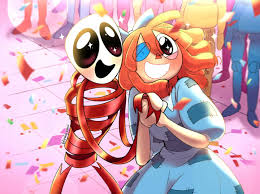 pika.vani, gangle (the amazing digital circus), ragatha (the amazing  digital circus), the amazing digital circus, 2girls, blush, bow, brown  eyes, button eyes, buttons, crowd, dress, drill hair, dummy, grin, hair  bow, holding