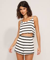 Short Doll Cropped Listrado Alca Fina Off White