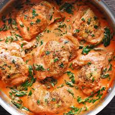 Chicken Thighs With Creamy Tomato Basil Spinach Sauce Schiffner Chickenrec In 2020 Easy Chicken Recipes Chicken Dinner Recipes Health Dinner Recipes