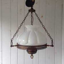 Large Antique Milk Glass Hanging Light Fixture Hurricane Hanging Lamp White Opal Melon Milk Glass Lampshade Ruffled Lamp Shade Hanging Lights Hanging Light Fixtures Hanging Lamp