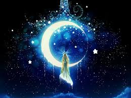 A mountain range at sunset with a crescent moon and stars. Moon Stars Girl Night Art Background Toppng