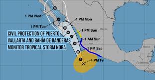 This graphic shows an approximate representation of coastal areas under a hurricane warning (red), hurricane watch (pink), tropical storm warning (blue) and . Civil Protection Of Puerto Vallarta And Bahia De Banderas Monitor Tropical Storm Nora