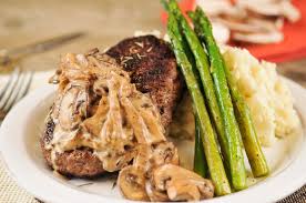 Salisbury Steak With Whipped Potatoes Asparagus And Sherry Mushroom Gravy Recipe Salisbury Steak Whipped Potatoes Ground Beef Recipes