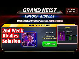 Grand heist quest free cue + avatar | riddles #2. 8 Ball Pool Grand Heist Riddles Solution 2nd Week Youtube