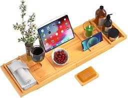 5 out of 5 stars. Amazon Com Storemic Bathtub Tray Caddy Expandable 29 5 44 Inch Bamboo Bath Tray For Tub With Wine Glass Book Holder Free Soap Holder Romantic Gift Kitchen Dining