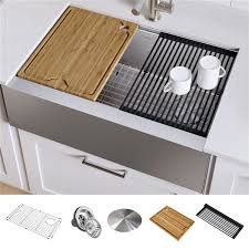 Shop bar sinks & kitchen sinks at lowe's canada online store: Kraus Kore Apron Front Farmhouse Workstation Kitchen Sink Single Bowl 32 88 In Stainless Steel Kwf410 33 Rona