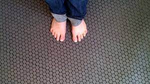 It looks perfect together with the wooden tread. The Floor Is Down Penny Round Tiles Penny Tiles Bathroom Gray Penny Tile