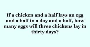 In the first equation the hen will be equal to 20(20 + 20 + 20 = 60). Chicken Puzzle How Many Eggs Puzzles Riddles And Brainteasers