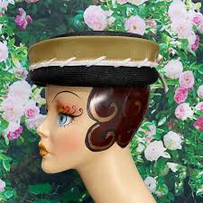 50s Herbert Bernard Black Straw Pillbox Hat Mustard