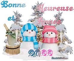 Gif animé Bonne et heureuse année 2022 avec couple de bonhommes de neige -  les gifs animés de dentelledelune