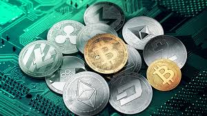 Tech shiny golden bitcoins pattern. Cryptocurrency Coins Are On The Computer Board Desktop Wallpapers 1920x1080