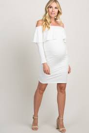White Ruffle Trim Off Shoulder Fitted Maternity Dress Fitted Maternity Dress White Maternity Dresses Long Sleeve Maternity Dress