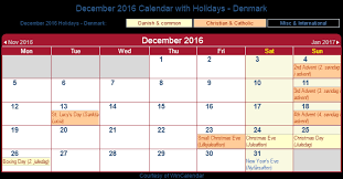 December 2016 calendar with holidays. Print Friendly December 2016 Denmark Calendar For Printing
