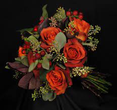 Check spelling or type a new query. Burnt Orange Roses With Mango Calla Lilies Burgundy Berries Seeded Eucalyptus And Deep Burgund Orange Wedding Flowers Orange Rose Bouquet Bridal Bouquet Fall
