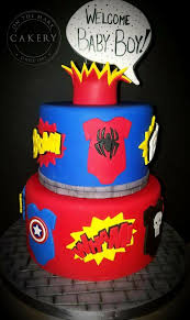 Super Hero Baby Shower Cake Chocolate Cake Filled With Vanilla Buttercream Cakery Superhero Ont Superhero Baby Shower Baby Shower Cakes Marvel Baby Shower