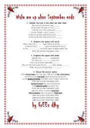 Here comes the rain again falling from the stars drenched in my pain again becoming who we are. Song Wake Me Up When September Ends By Green Day Esl Worksheet By Sanndry